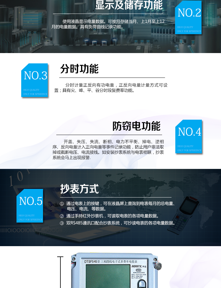 華立DTSF545電能表主要功能
　　電能計(jì)量功能
　　可分時(shí)計(jì)量有功、無功、正向有功、反向有功、正向無功、反向無功電量和四象限無功等電量。
　　最大需量測量功能
　　可測量雙向有功、雙向無功和四象限無功的最大需量及其發(fā)生時(shí)間。
　　參數(shù)測量監(jiān)視功能
　　可監(jiān)測各相電壓、電流實(shí)時(shí)值，三相總及A、C各相有功功率、無功功率、功率因數(shù)、相角、相位等實(shí)時(shí)參數(shù)。
　　分時(shí)復(fù)費(fèi)率功能
　　具有尖、峰、平、谷分時(shí)段復(fù)費(fèi)率功能，可選擇峰、平、谷分時(shí)段功能，最大可設(shè)置4費(fèi)率。
　　防竊電功能
　　具有開蓋、失壓、失流、斷相、電流不平衡、掉電、清零、逆相序、反向電量計(jì)入正向電量等事件記錄功能，防止用戶非法取掉或截?cái)嚯妷骸㈦娏鹘泳€。
　　負(fù)荷曲線
　　具有6類負(fù)荷曲線記錄功能。
　　顯示及存儲功能
　　使用液晶顯示近3月電量數(shù)據(jù);可按月存儲當(dāng)月、上1月至上12月的電量數(shù)據(jù)。
　　數(shù)據(jù)輸出、通訊功能
　　可通過按鍵顯示、紅外掌機(jī)及RS485通訊口抄表，配合抄表系統(tǒng)，可抄讀電表的各項(xiàng)電量數(shù)據(jù)，支持DL/T645-1997多功能電能表通訊規(guī)約。