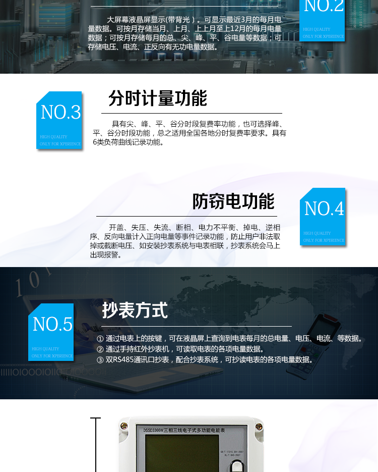 2、防竊電功能
① 開蓋記錄功能，防止非法更改電路。
② 電壓合格率、失壓記錄功能，防止用戶非法取掉或截斷電壓接線，如已發生，可通過記錄的時間核算所損失的電量，為追補電量提供依據。
③ 失流、斷相記錄功能，防止用戶非法短接電流接線，如已發生，可通過記錄的時間核算所損失的電量，為追補電量提供依據。
④ 電流不平衡記錄：可警惕用戶在電表接線的前端截取電量。
⑤ 掉電記錄功能，防止用戶非法取下電表的工作電源，如已發生，可通過記錄的時間核算所損失的電量，為追補電量提供依據。
⑥ 反向電量計入正向電量，用戶如將電流線接反，電表照樣正向走字，不具有竊電作用。
⑦ 逆相序報警，用戶非法接線，電表會報警，除非把線接正確，否則一直報警。
以上情況如發出，電表會出現報警標志，如安裝抄表系統與電表相聯，抄表系統會馬上出現報警。