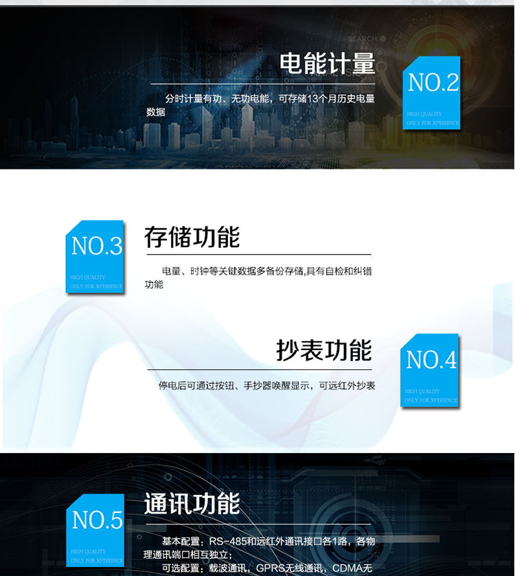 主要功能
　　寬視角、大屏幕液晶顯示，具有豐富的狀態指示與漢字輔助提示信息;
　　分時計量正向有功電量、反向有功電量、四象限無功電量，支持組合有功及四象限無功任意組合;計量分相的正向有功、反向有功和四象限無功電量;
　　分時計量正向有功、反向有功和四象限無功最大需量及發生時間;
　　最多可存儲13個月歷史電能和需量記錄，電量數據支持最多一月三次結算;
　　最大8費率(增加IC卡預付費功能后最大4費率)，主副兩套時段，時鐘雙備份自動糾錯;
　　雙備份數據存儲，自動參數糾錯;
　　可設置6類數據記錄負荷曲線，存儲容量達到2M字節;
　　全面的事件記錄種類，具有防竊電開蓋檢測功能;
　　記錄并存儲13個月的電壓質量統計數據;
　　豐富的自檢、糾錯和報警功能;