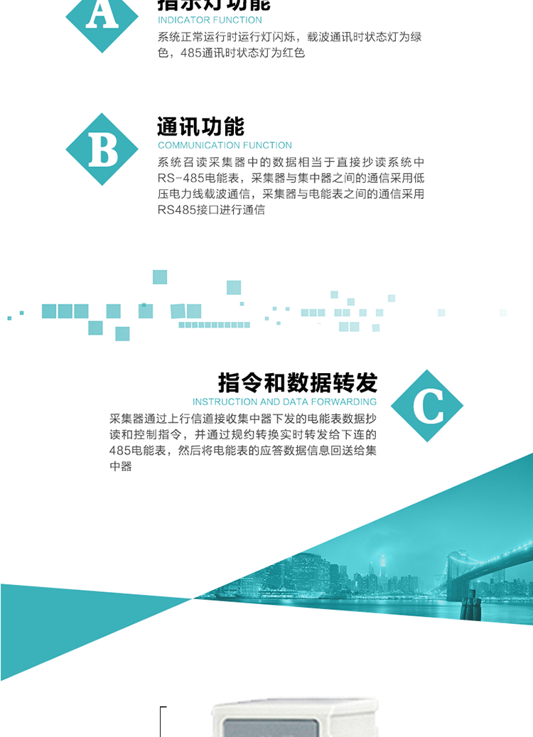 功能及特點(diǎn)：
1、 通訊功能，系統(tǒng)召讀采集器中的數(shù)據(jù)相當(dāng)于直接抄讀系統(tǒng)中RS-485電能表，采集器與集中器之間的通信采用低壓電力線載波通信，采集器與電能表之間的通信采用RS485接口進(jìn)行通信
2、 指令和數(shù)據(jù)轉(zhuǎn)發(fā)功能，采集器通過上行信道接收集中器下發(fā)的電能表數(shù)據(jù)抄讀和控制指令，并通過規(guī)約轉(zhuǎn)換實時轉(zhuǎn)發(fā)給下連的485電能表，然后將電能表的應(yīng)答數(shù)據(jù)信息回送給集中器。
3、 指示燈功能，系統(tǒng)正常運(yùn)行時運(yùn)行燈閃爍，載波通訊時狀態(tài)燈為綠色，485通訊時狀態(tài)燈為紅色