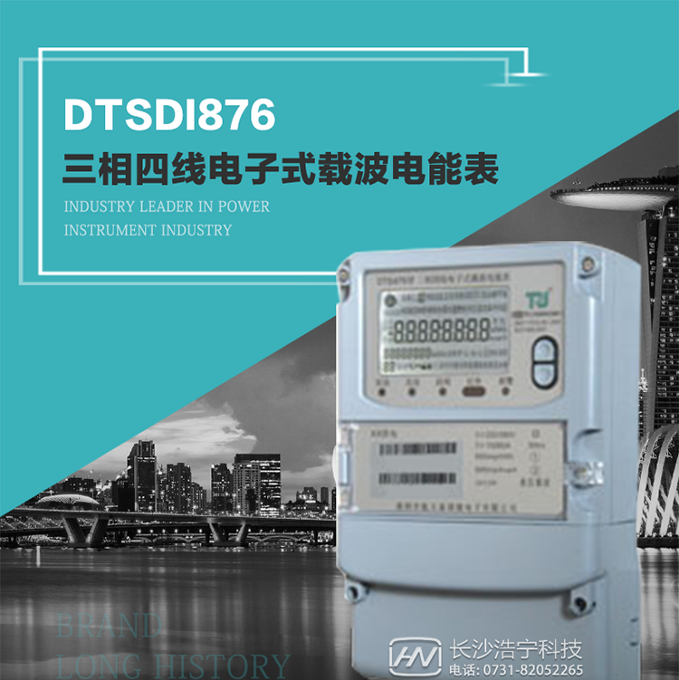產品型號：DTSDI876 型三相四線電子式載波電能表
精度等級：有功1級,無功2級 
額定電壓： 3×100V 、 3×57.7/100V、 3×220/380V 
額定電流： 0.3(1.2)A～30(100)A 
頻 率： 50HZ 
工作溫度：-40℃～+70℃ 
顯示方式： 液晶 
整機功耗： 
重量： 約2.3kg 
外形尺寸： 265mm?170mm?75mm